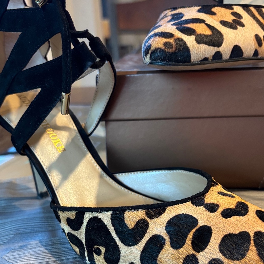 Audrey Brooke Black and Tan Heels with Animal Print